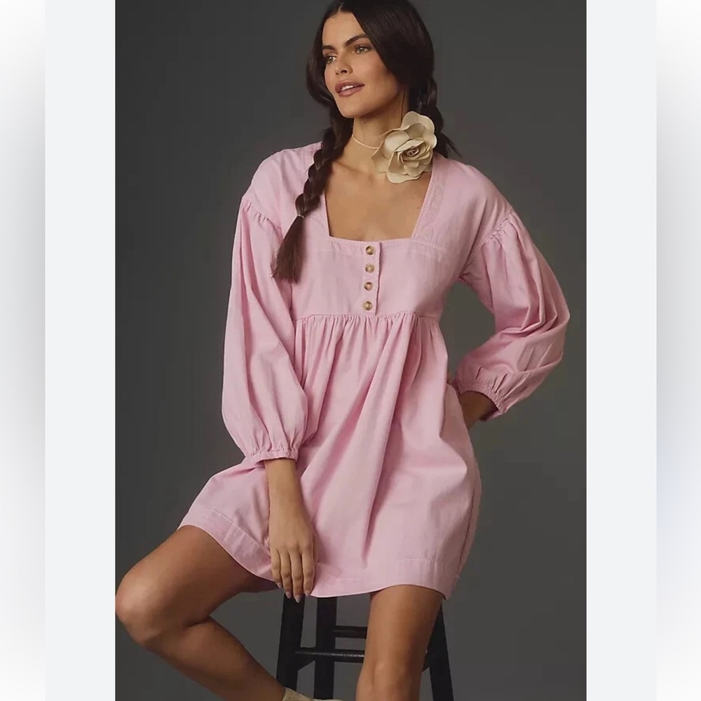 Anthropologie‎ NWT Pink Square-Neck Babydoll Mini Dress